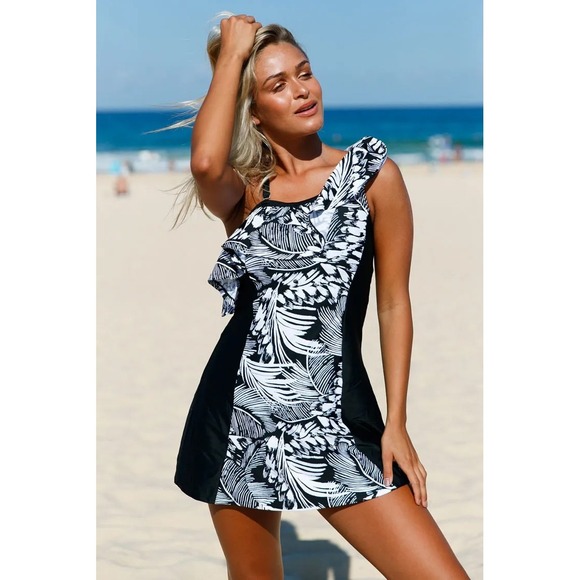 Other - One Shoulder Ruffle Tropical‎ Palm Print Swim Dress 2XL